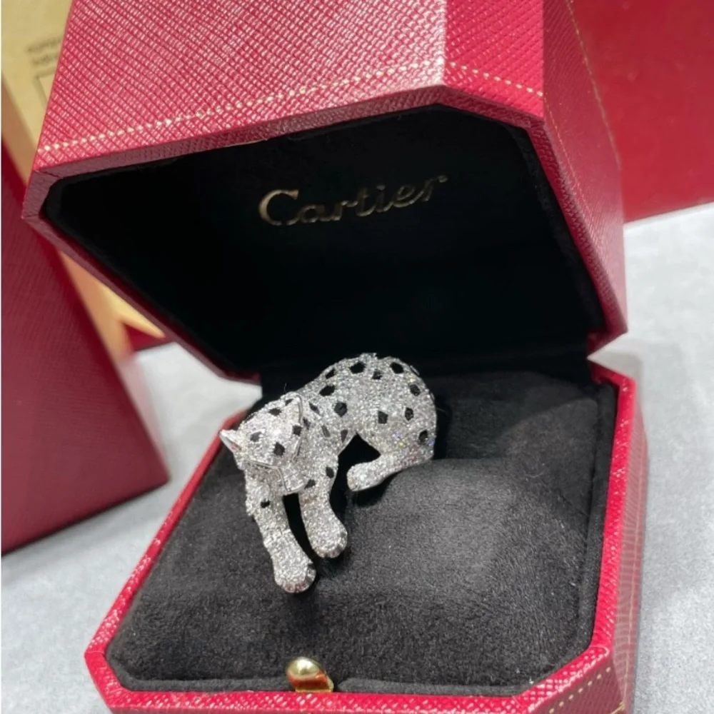 Paved Crystal Leopard Dog Ring in Silver Tone